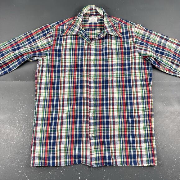 VTG 60's Flannel Shirt Mens LT Red Blue Winged Collar Striped Plaid Sovereign - Picture 4 of 8